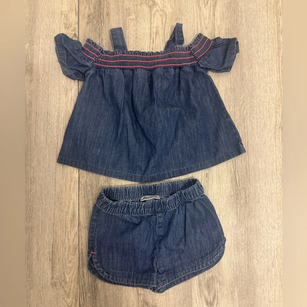 Cat & Jack Girls Denim Two-Piece Set in Dark Blue with Pink Stitching